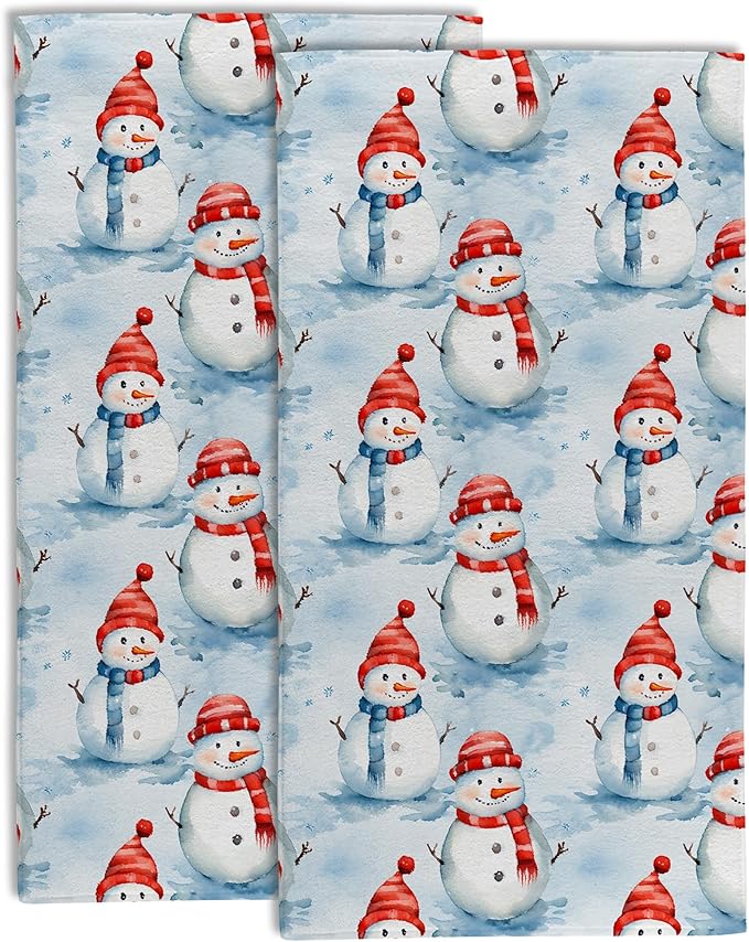 Christmas Snowman Bathroom Hand Towel Set of 2,Cute Winter Snowmans Soft Absorbent Decorative Fingertip Kitchen Towel for Bedroom Kitchen Hotel Home Deco