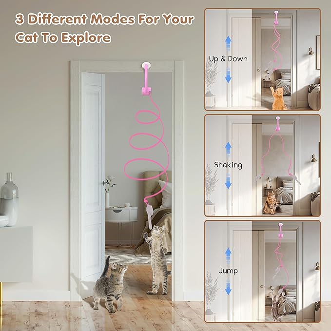 Interactive Cat Feather Toys, Retractable Teaser Toy, Hanging Interactive Toys for Indoor Cats Kitten Play Chase Exercise, Automatic Kitten Mental Exercise Toys, with Three Mice Plush Toy