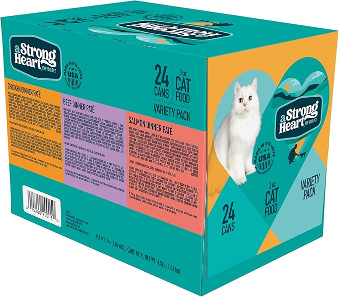 A Strong Heart Canned Wet Cat Food, Chicken, Beef and Salmon Variety Pack - 3 oz Cans (Pack of 24), Made in The USA with Real Chicken, Beef and Salmon
