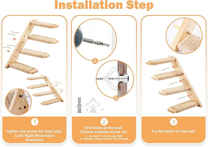 Cat Climbing Stair Shelf Wall Mounted Reversible Left & Right Direction, Cat Stairway Shelf for Climbing with Sisal Rope Ladder Cat Wall Furniture