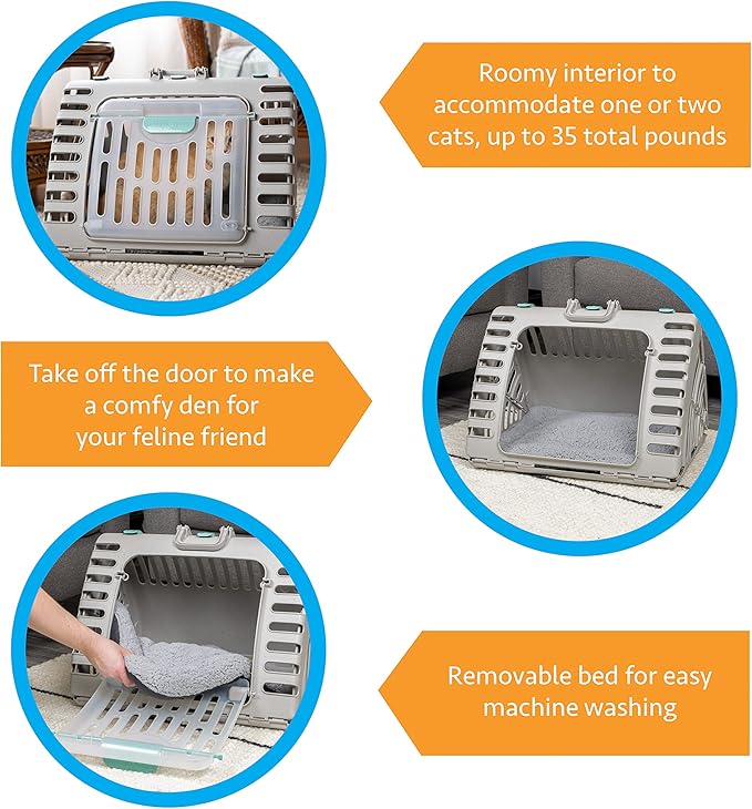 SportPet Designs Foldable Travel Cat Carrier - Front Door Plastic Collapsible Carrier Collection, Waterproof Bed