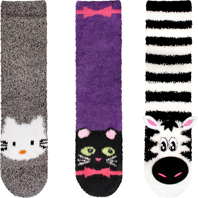 BambooMN Super Soft Warm Cute Animal Face Non-Slip Fuzzy Crew Winter Home Socks, Value Pack
