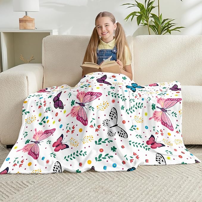 Butterfly Kids Throw Blanket for Girls Teens Toddler White Soft Fuzzy Flannel Bed Blanket Plush Butterfly Birthday Gifts for Women Girls Kids Teens Adults, 60”x80”