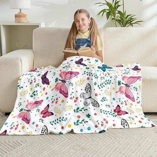 Butterfly Kids Throw Blanket for Girls Teens Toddler White Soft Fuzzy Flannel Bed Blanket Plush Butterfly Birthday Gifts for Women Girls Kids Teens Adults, 60”x80”