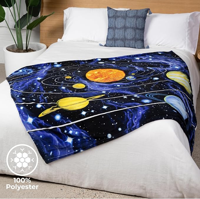 Dawhud Direct Fleece Throw Blanket - 50x60-Inch Plush Space Blanket with Solar System Design for Kids and Adults - Soft and Cozy for Bed, Couch, or Travel