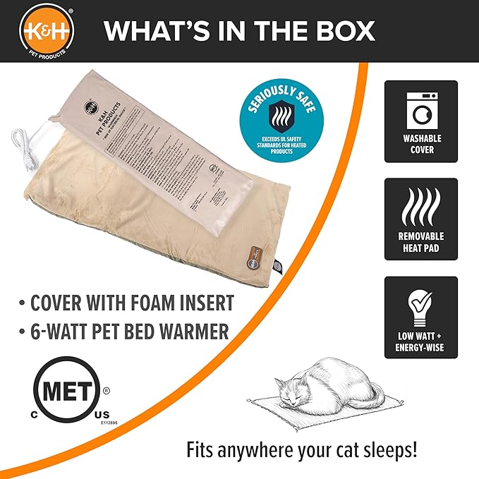 K&H Pet Products Heated Thermo-Kitty Mat, Indoor Heated Cat Bed, Pet Heat Pad for Indoor Cats and Small Dogs, Cat Heating Pad, Electric Thermal Warming Cat Bed Mat, Sage/Tan 12.5 X 25 Inches