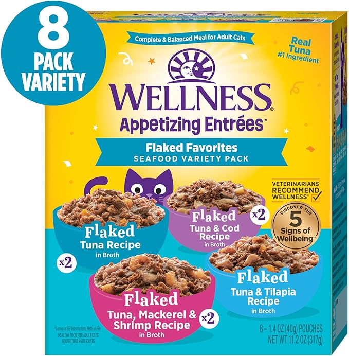 Wellness® Appetizing Entrées™ Flaked Favorites, Seafood Variety Pack, Natural Wet Cat Food, 1.4 oz Pouch (Pack of 8)