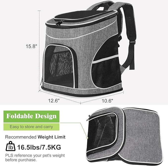 HiCaptain Pet Carrier Backpack for Small Dogs and Cats, Foldable Cat Carrier Backpack with Safety Lock Zipper and Breathable Mesh for Hiking Camping Travel Outdoor Use-Hold Pets Up to 17 Lbs