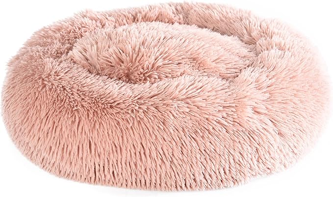 Max & Marlow Long Lush Faux-Fur, Anti-Anxiety Cuddler, Donut Dog & Cat Bed, Non Slip Bottom, Small, Pink