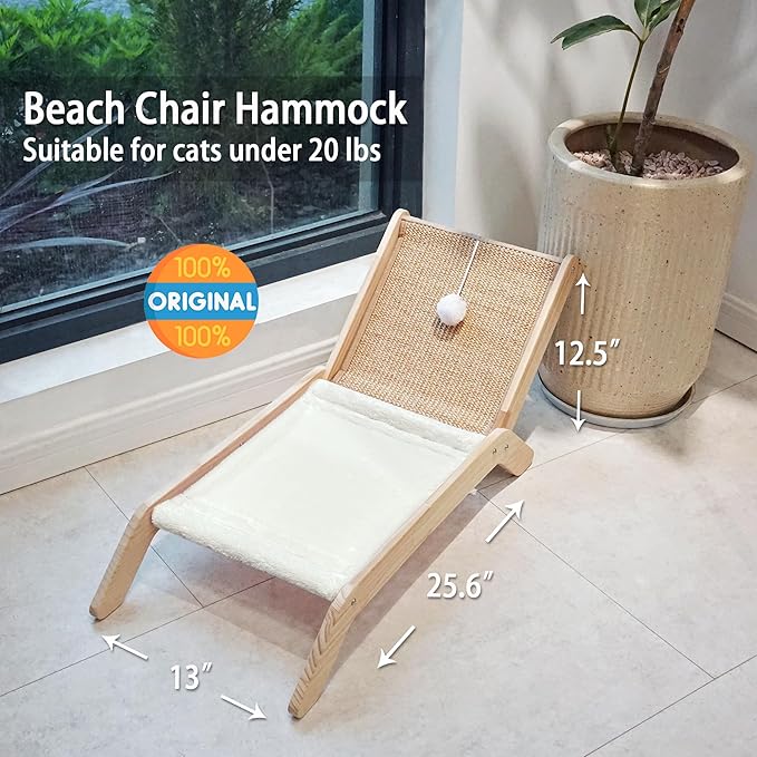 PETKARAY Beach Chair Cat Hammock, Elevated Cat Beds for Indoor Cats, Original Cozy Cat Lounger with Sisal Scratcher and Toy Ball