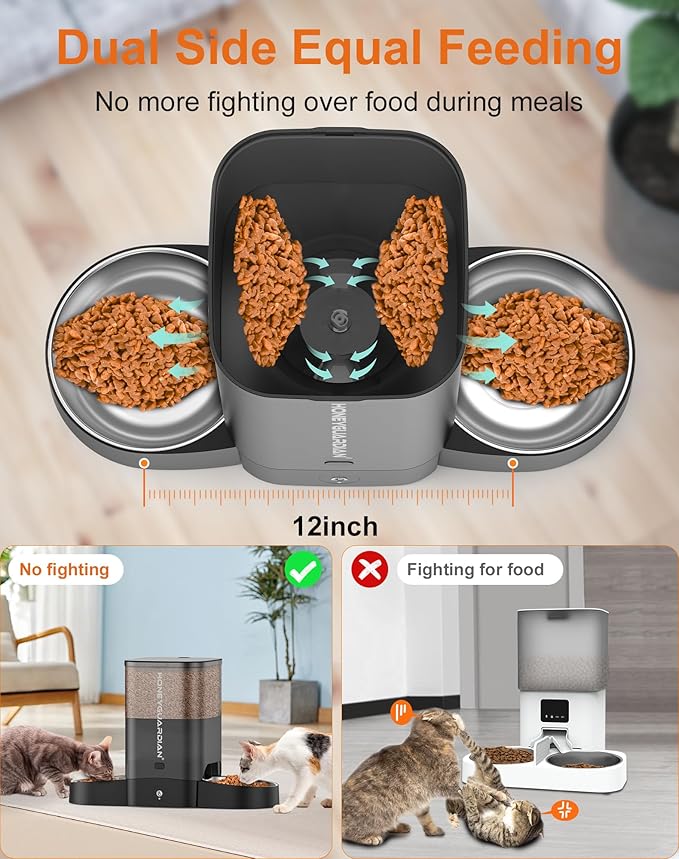 HoneyGuaridan 3.5L Automatic Cat Feeder for Two Cats, 2.4G WiFi Enabled Smart Feed Pet Feeder with Stainless Steel Bowl,APP Control Dispenser, Dual Power Supply,Desiccant Bag,10s Meal Call Black