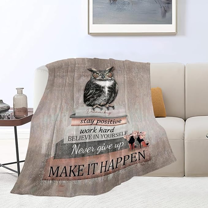 Owl Reading Blanket Inspirational Book Decor Throw Blanket Super Warm Soft Plush Lightweight Fleece Flannel Blanket Gifts for Readers Study Girls Boys Women Adults for Winter Couch Bedding 50"X60"