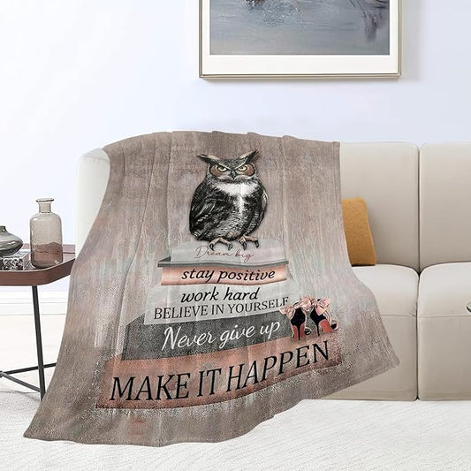 Owl Reading Blanket Inspirational Book Decor Throw Blanket Super Warm Soft Plush Lightweight Fleece Flannel Blanket Gifts for Readers Study Girls Boys Women Adults for Winter Couch Bedding 50"X60"