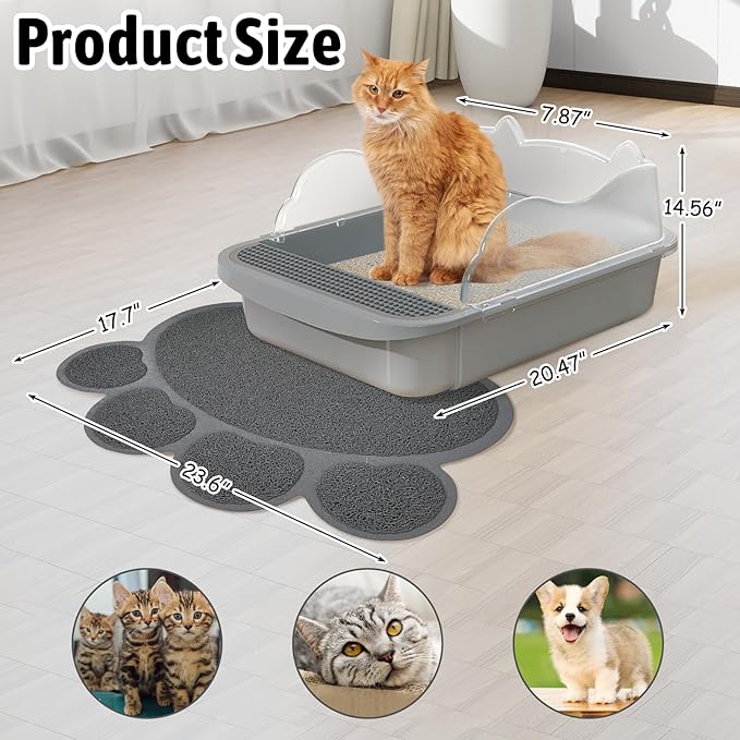 BNOSDM Cat Litter Box with Non-Slip Mat Sifting Litter Box Detachable High Sides, Open Top Litter Pan Pet Toilet with Scoop for Cats, Grey