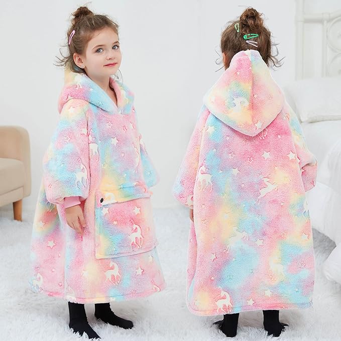 Glow in The Dark Wearable Blanket Hoodie for Kids Toddlers Sherpa Blanket Sweatshirt with Pocket 2-6 Year Old Girl Birthday Gifts
