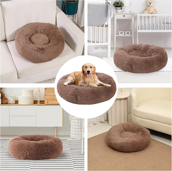 Calming Dog Bed, Dog Beds Fits up to 45 lbs Pets, Fluffy Donut Dog & Cat Bed Washable, Round Anti Anxiety Dog Bed, Small Dog Bed with Non-Slip Bottom (Khaki, 31" x 31")
