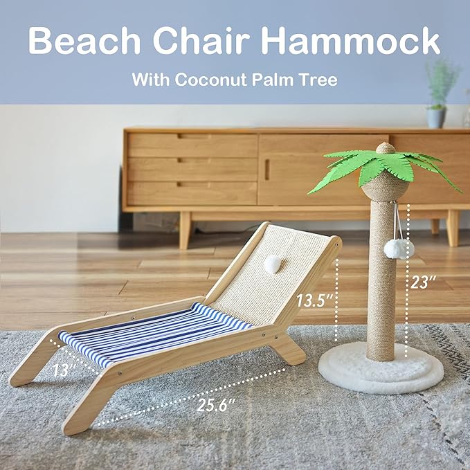 Cat Hammock with Coconut Palm Tree Scratching Post, Aberatail Cozy Beach Chair Elevated Cat Beds, Sisal Cat Tree Scratching Post for Indoor Cats (Post & Hammock)