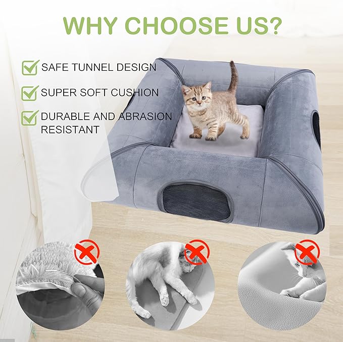 Cat Tunnel Bed for Multiple Kittens and Rabbits, Foldable Indoor Peekaboo Pet Cave, Sturdy and Scratch Resistant, Removable and Washable Soft Cushion - Cat Interactive Toys (Gray, with Door)