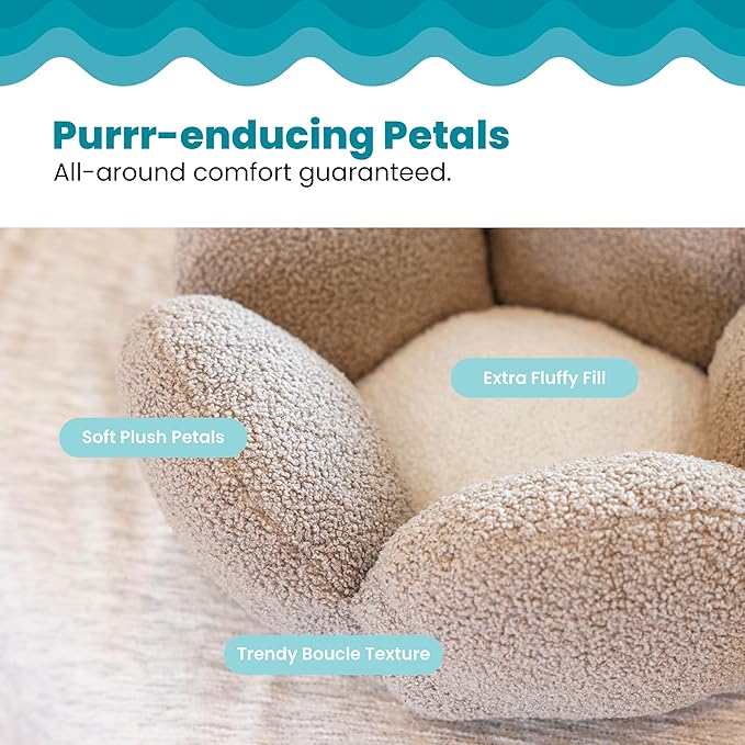 Catstages Purrfect Petals Washable Flower Shaped Round Cat Bed for Indoor Cats, Plush, Tan