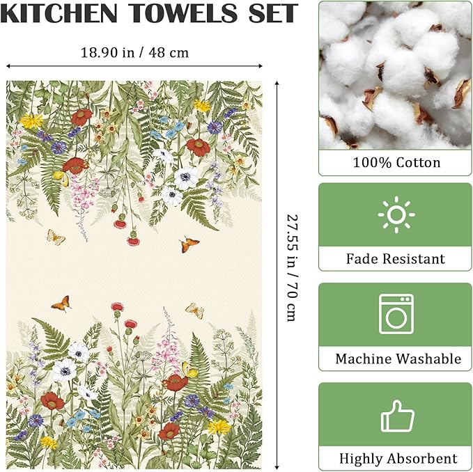 Boho Grass Tea Towels, Cotton Kitchen Towel 18.9 × 27.5 inch, Quick Drying Dish Cloth for Party Anniversary Holiday Decoration Housewarming Gifts