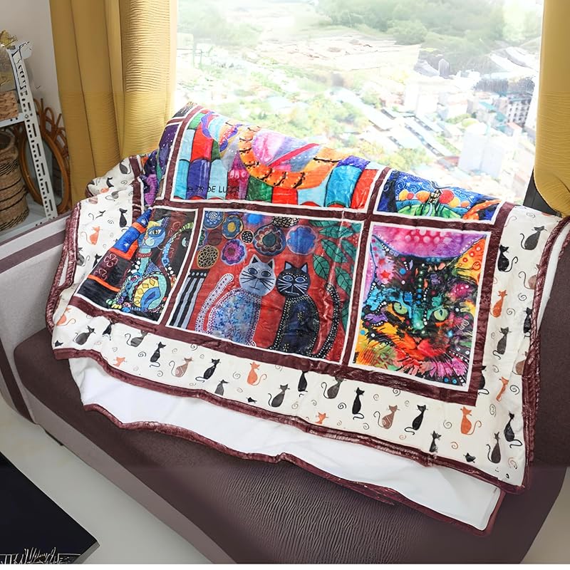 Throw Blanket - Colorful Cat Design Boho Blanket, Ultra Soft Rustic Quilt For Sofa, Couch, Bed, Bath Towels - Lightweight Bohemian Blankets - Cute Decorative Throw Coverlet (59x87 inch)
