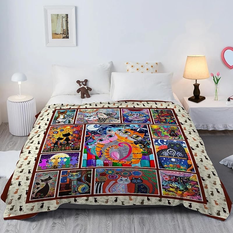 Throw Blanket - Colorful Cat Design Boho Blanket, Ultra Soft Rustic Quilt For Sofa, Couch, Bed, Bath Towels - Lightweight Bohemian Blankets - Cute Decorative Throw Coverlet (59x87 inch)