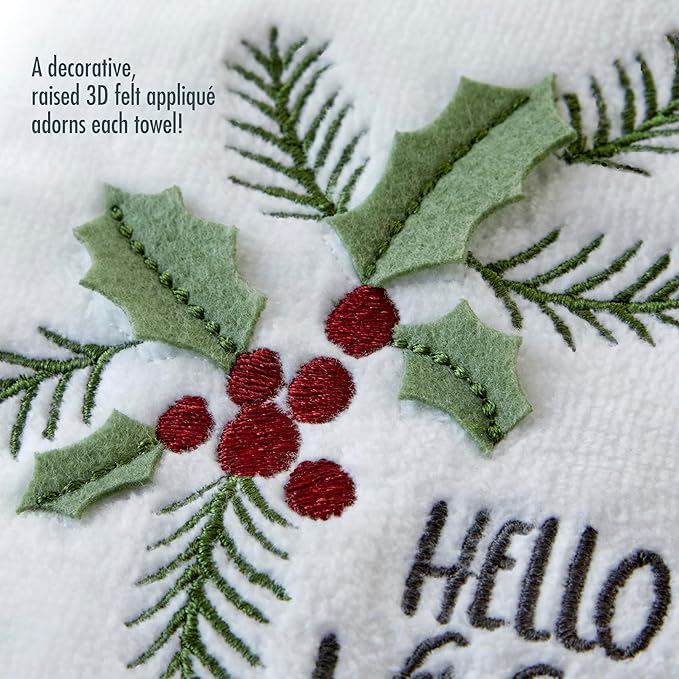 SKL Home Christmas Hello Winter Holly 3D Hand Towel 2pc Set for Bath/Kitchen/Bar & Gift, White