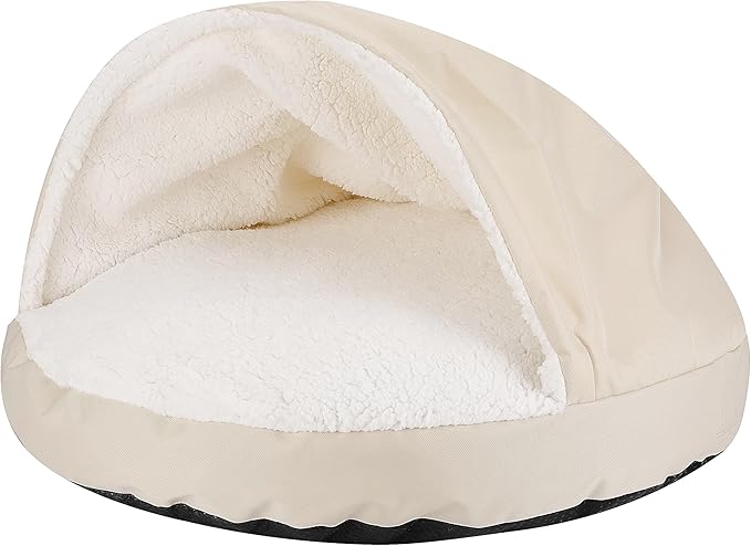 Long Rich Durable Oxford to Sherpa Pet Cave and Round Pet Bed, 25", with Removable Insert Khaki Color, by Happycare Textiles