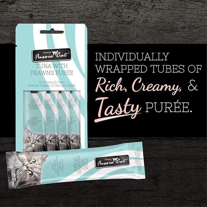 Fussie Cat Tuna with Prawns Puree, lickable cat Treats, 0.5oz Pouch Pack of 4