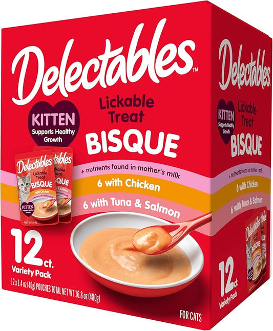 Hartz Delectables Bisque for Kittens, Complete & Balanced Variety Pack Cat Wet Lickable Treats, 12 Count