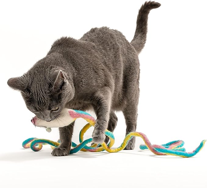 Catch a Mouse by The Tail Wool Cat Mouse Toy with a 6-Foot Tail for Indoor Cats Kittens. Cute Cat Toy Mouse Cat Toy. Rat Plush Toy, Fake Mouse, Mice. No Catnip. Pride (Unicorn Swirl)