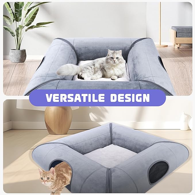 Cat Tunnel Bed, Sturdy and Scratch-Resistant, Indoor Cat Cave with Removable Soft Cushion, Removable Cat Tunnel for Cats and Multiple Cats (Gray)