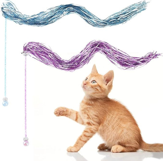 2PCS Cat Wand Toy, Interactive Cat Toy with Shiny Tassel and Loud Jingle Bell, Crystal Beaded Crown Cat Feather Replacements for Indoor Cats Kitten Play Chase Exercise, 26 Inch Long