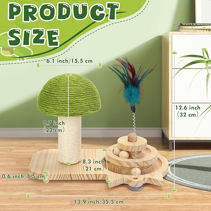 Cat Scratching Post, Sisal Mushroom Scratcher, Interactive Cat Toy with Ball and Bell Feather for Kittens and Small Cats