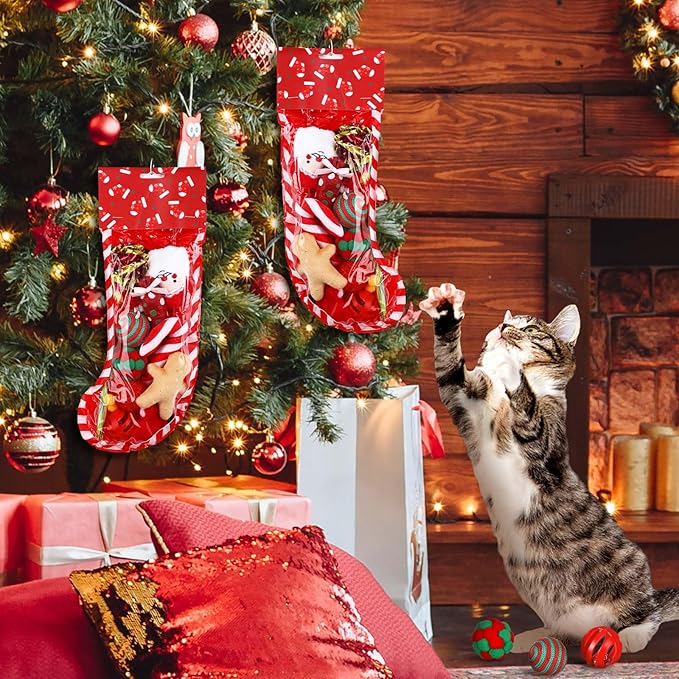Christmas Cat Toys Stocking Set 12 Assorted Xmas Cat Toys Set with Squeaky Toys Balls Cat Teaser Fun Cat Toys Indoor Outdoor Interactivity Pet Kitten