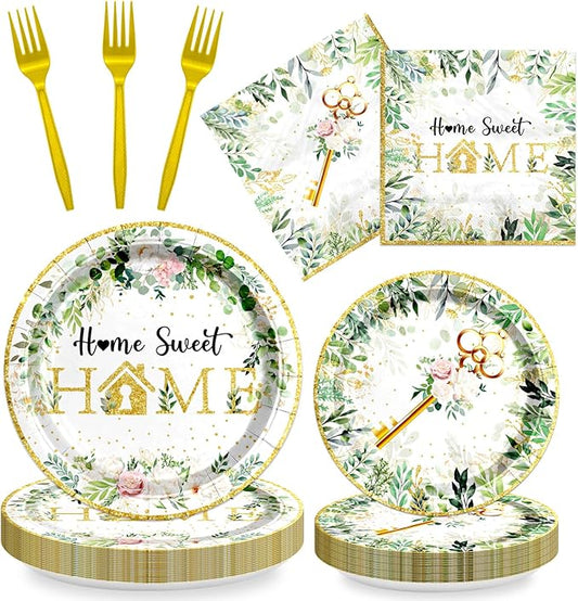 96PCS House Warming Party Decorations Home Sweet Home Tableware Set Rustic Floral Paper Plates Napkins Dinnerware Dessertware Forks Serves 24