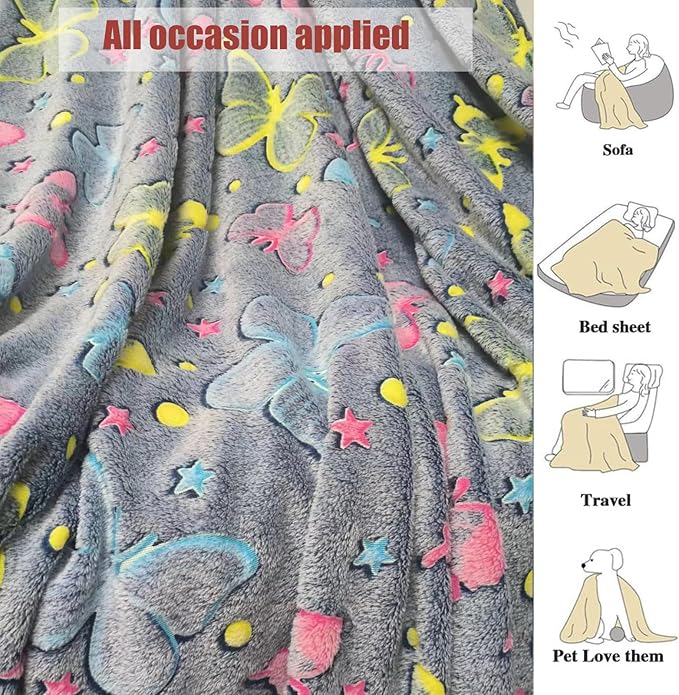 Glow in The Dark Girls Blanket, Butterfly Blanket Gifts Toys for 3-12 Year Old Toddler Teen Daughter Valentines Birthday Christmas Decor 50"x60"