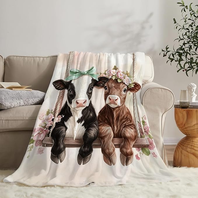 Cute Ultra Soft Cozy Swing Blanket - Fleece Fuzzy Plush Cattle Cow Lovers Decor Gifts for Women Girls Adults - 80"x60"