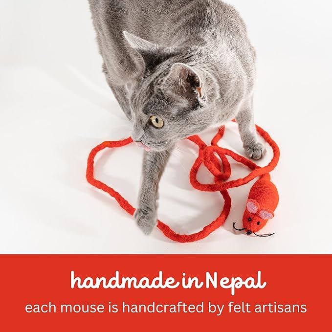 Catch a Mouse by The Tail Wool Cat Mouse Toy with a 6-Foot Tail for Indoor Cats Kittens. Cute Cat Toy Mouse Cat Toy. Rat Plush Toy, Fake Mouse, Mice. No Catnip. Pride (Rainbow Tail)