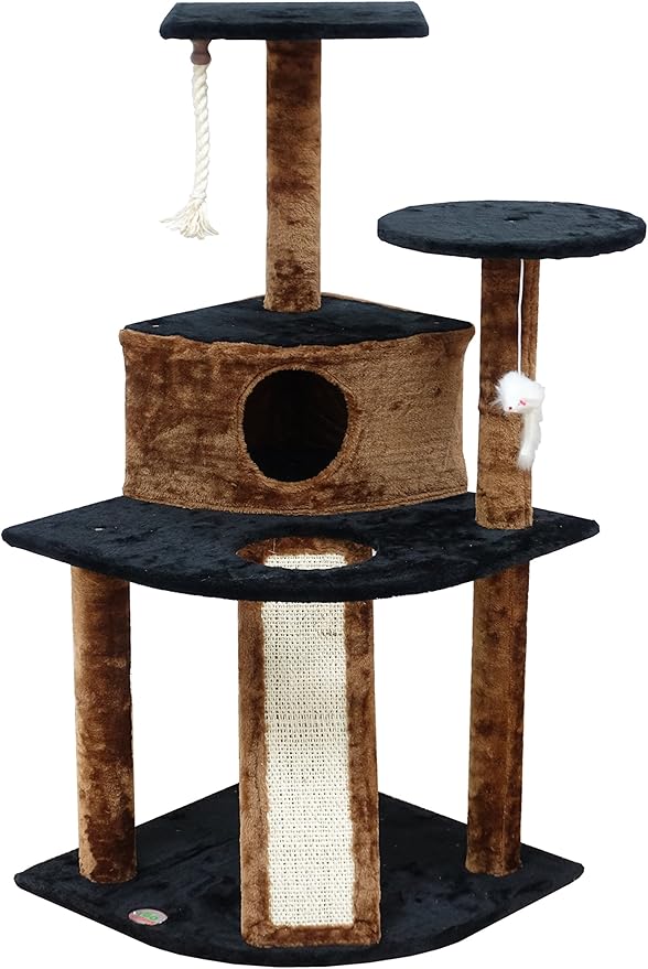 Go Pet Club Everyday Value 47in Corner Cat Tree Kitty Condo Kitten Scratcher Tower House Furniture with Hanging Toys for Indoor Cats, Brown/Black