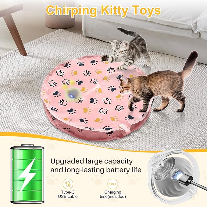 Cat Toys, Interactive Cat Toys for Indoor Cats USB Rechargeable, Automatic Motion Activated Moving Hide and Seek Self Rotating Electric Cat Ball Toy in Play Mat with LED Lights, 2 Plush Cover