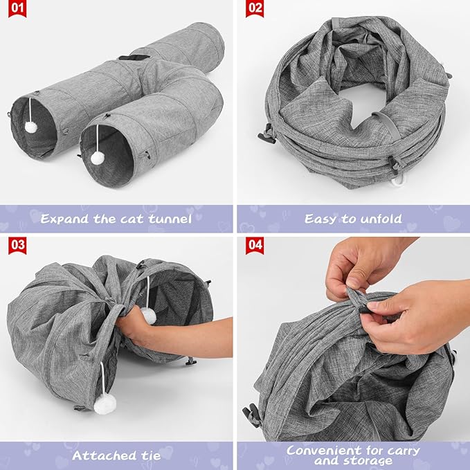 Cat Tunnel, Collapsible h-Shape Cat Tunnel Sturdy Oxford Fabric for Indoor Cats,Interactive Hanging Ball Pet Tunnel Tube with Cat Teaser Stick (Grey)