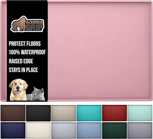 GORILLA GRIP 100% Waterproof Raised Edge BPA Free Silicone Pet Feeding Mat, Dog Cat Food Mats Contain Spills Protects Floors, Placemats for Cats and Dogs Water Bowl, Pets Accessories 23x15 Pink
