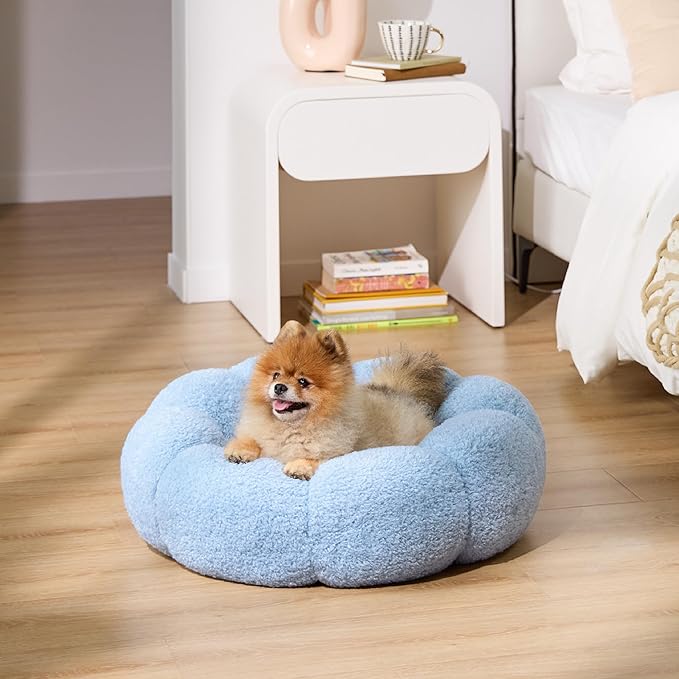 Lesure Calming Small Dog Bed - Flower Donut Round Fluffy Puppy Bed in Plush Teddy Sherpa, Non-Slip Cute Flower Cat Beds for Indoor Cats, Small Pet Bed Fits up to 25 lbs, Machine Washable, Blue 23"
