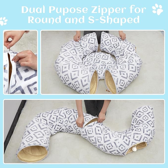 Cat Tunnel Bed, Bienbee Cat Tunnel 2 in1 S-Shape Foldable Cat Tunnels for Indoor Cats Large, Cat Tubes Peekaboo Cat Cave for Cats Guinea Pig Rabbit Grey Grid