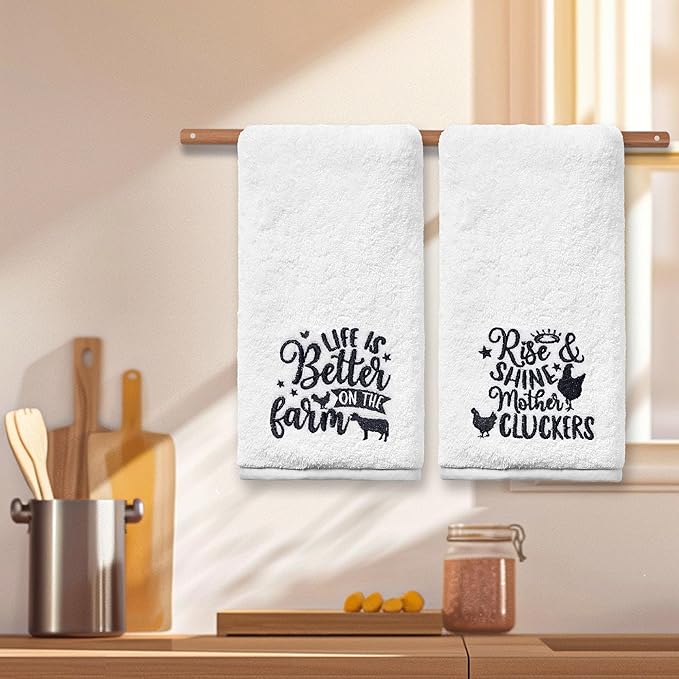 Farm Animal Hand Towels for Bathroom, Farmhouse Rooster Cow Decor Embroidered Dish Towels, Farmhouse Decor Gifts Decorative New Home Tea Hand Towels, 100% Cotton Soft Towels for Kitchen 14x30 Inches