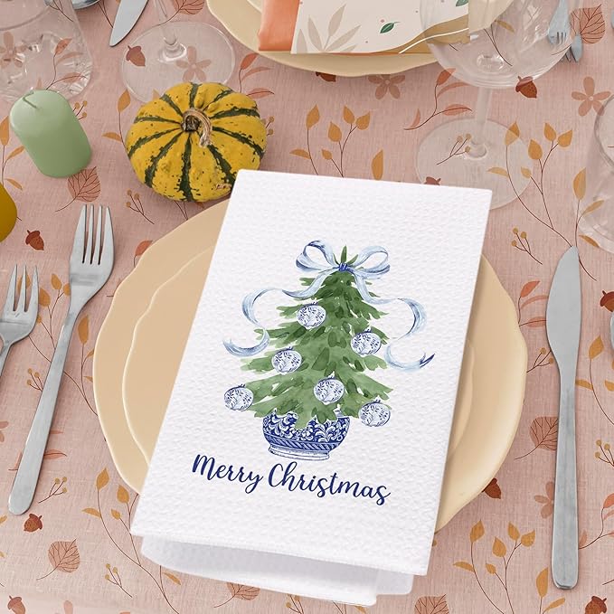SPBL&L Navy Blue Chinoiserie Christmas Kitchen Towels, Chinoiserie Decor, Navy Blue Bow Christmas Hand Towels for Bathroom, Christmas Dish Towels, Christmas Kitchen Bathroom Decor, 16x24 Inch