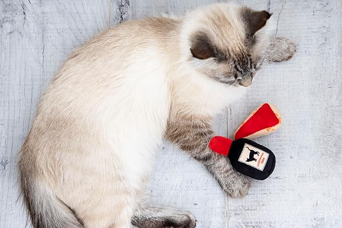 Pearhead Pet Cheese and Wine Plush Cat Toys, Set of 2, Valentine's Day Dog Toys, Wine and Cheese Catnip Toys, Crinkle Cat Toys, Cat Owner Valentine's Day Keepsake