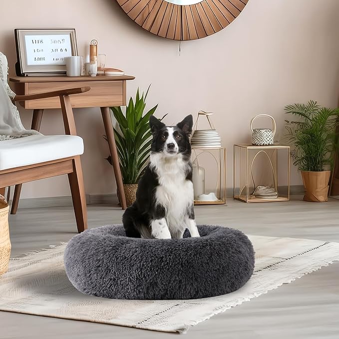 Calming Dog Bed, Dog Beds Fits up to 80 lbs Pets, Fluffy Donut Dog & Cat Bed Washable, Round Anti Anxiety Dog Bed, Small Dog Bed with Non-Slip Bottom (Dark Grey, 36" x 36")