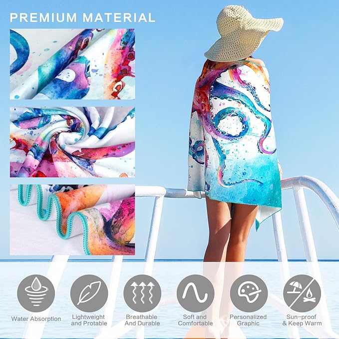 CutebriCase Octopus Beach Towel, Kraken Ocean Beach Towel Cotton Blend Soft Velour Absorbent Nautical BeachTowel for Kids Men Women Camping Towel for Gym, Hiking, Pool, Bath, Yoga,Travel Vacation